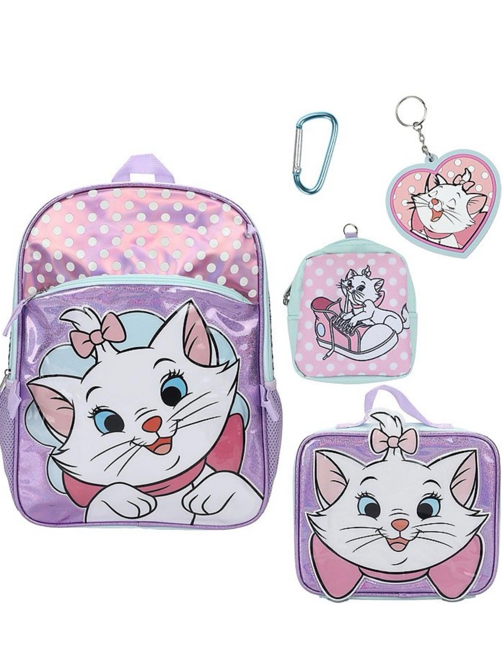 Disney Marie 5Pc Backpack Set Glitter School Bag Lunch Box Coin Pouch Keychain